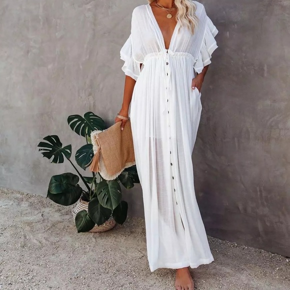 White Sands Gauze Boho Button Flutter Maxi Butterfly Arms Dress - Picture 13 of 14